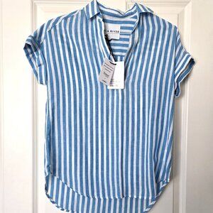 Lola River Blue Striped Linen Blend Dolman Cuffed Sleeve Shirt